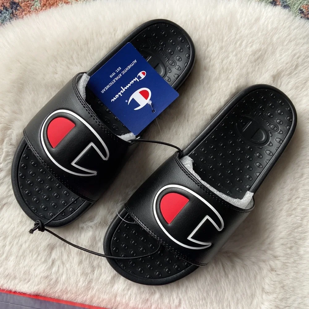 Champion kids super slide sandal black athletic slip on logo shoe boys size 4